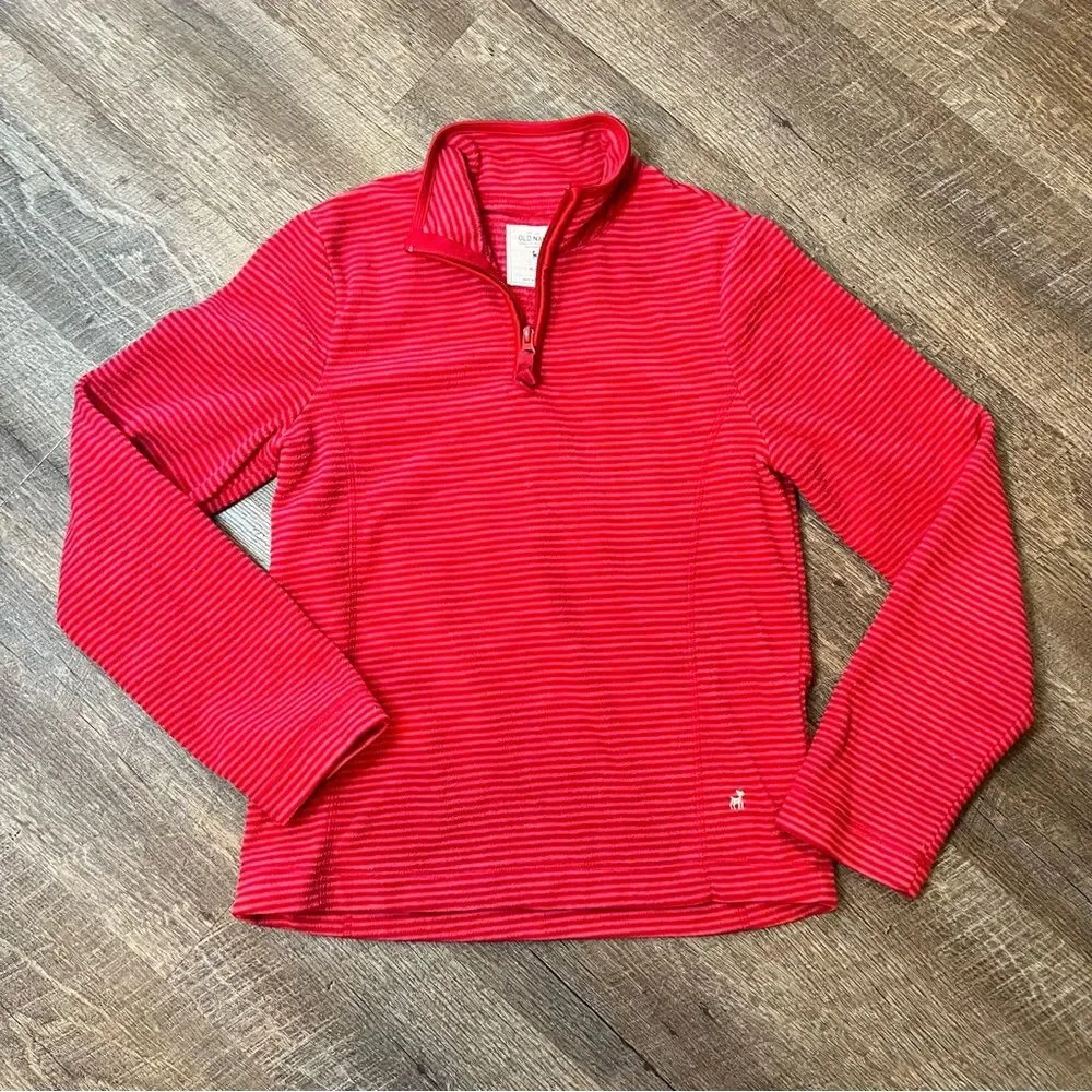 Old Navy Girls XL 14-16 Red Pink Stripe Quarter Zip Fleece Pullover Sweater